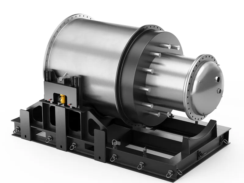 Nuclear microreactor on its skid, rendered in 3D on a white background