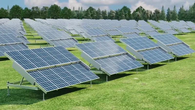 Rows of solar arrays on retractable steel racking in a green field, rendered in 3D